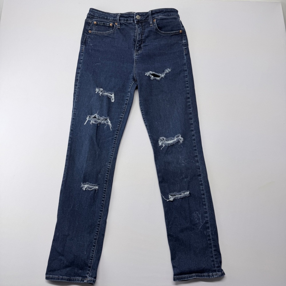 Gap Womens Classic Straight High Rise Ripped Distressed Jeans Dark Wash 32 14L